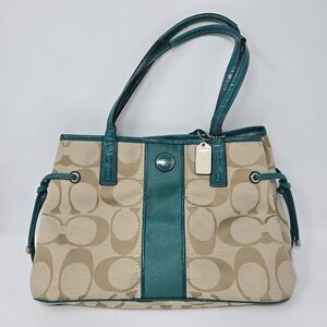 Coach Beige Canvas Tote with Teal Leather Trim